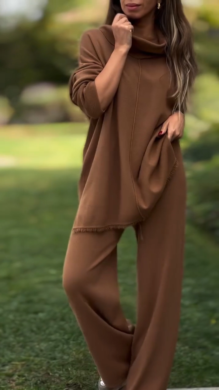 Women High Neck Top + Pants Solid Color Casual Suit