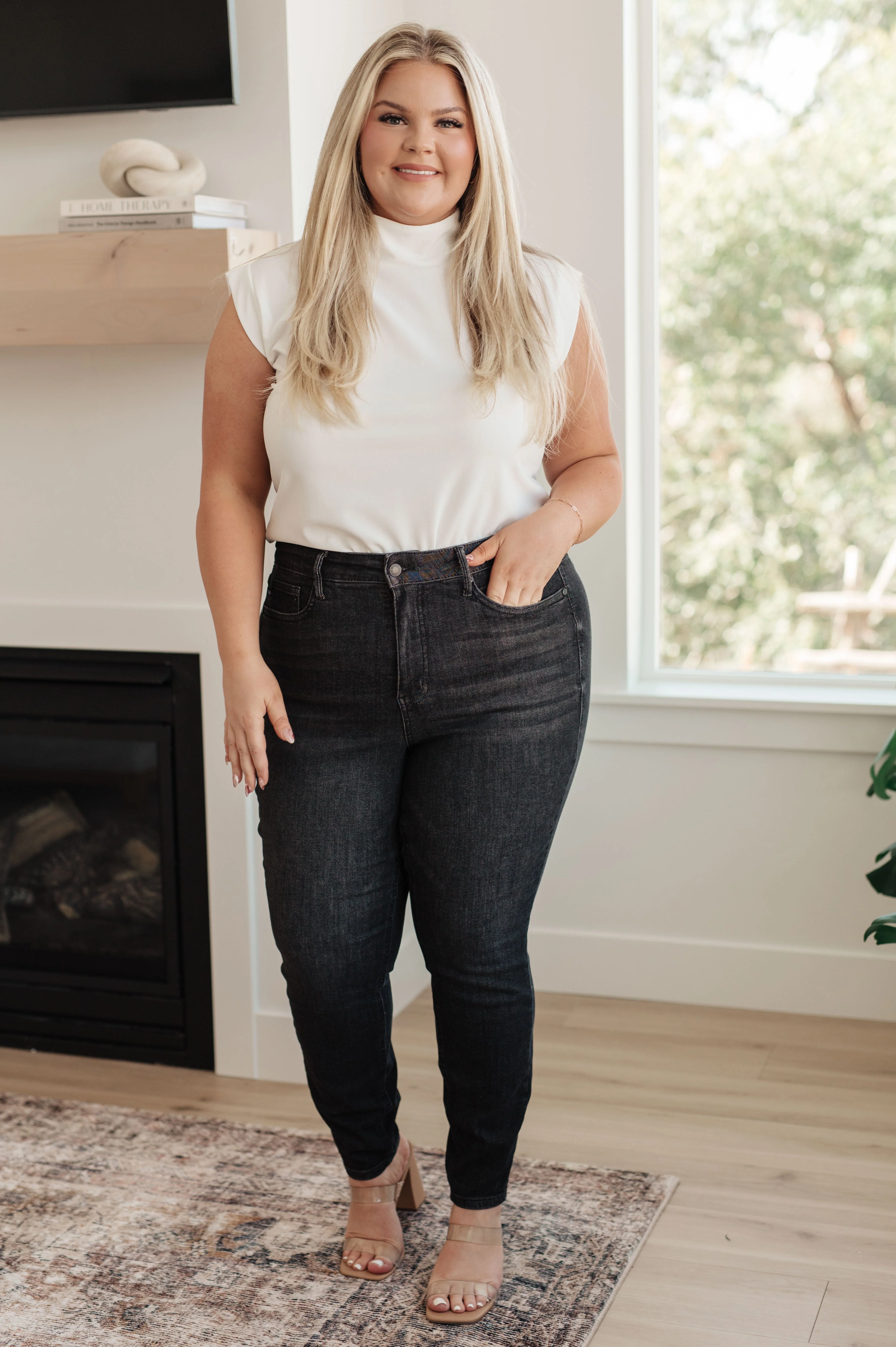 High Rise Control Top Skinny Jeans in Washed Black