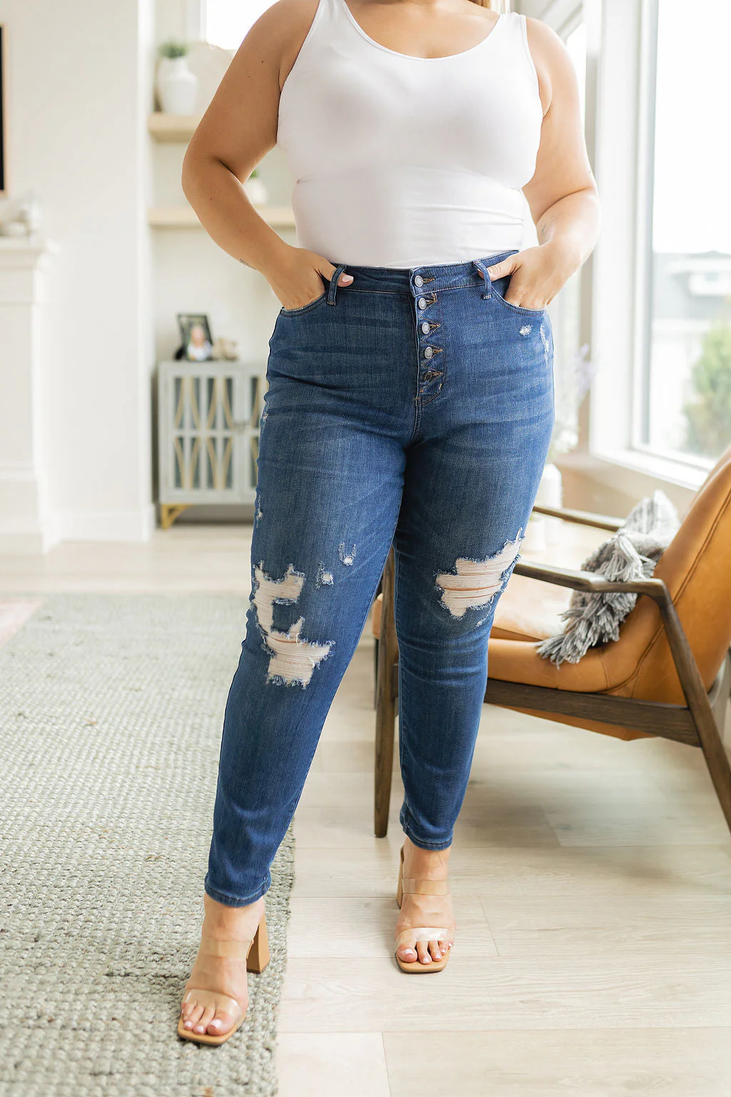 High Rise Button Fly Distressed Boyfriend Jeans