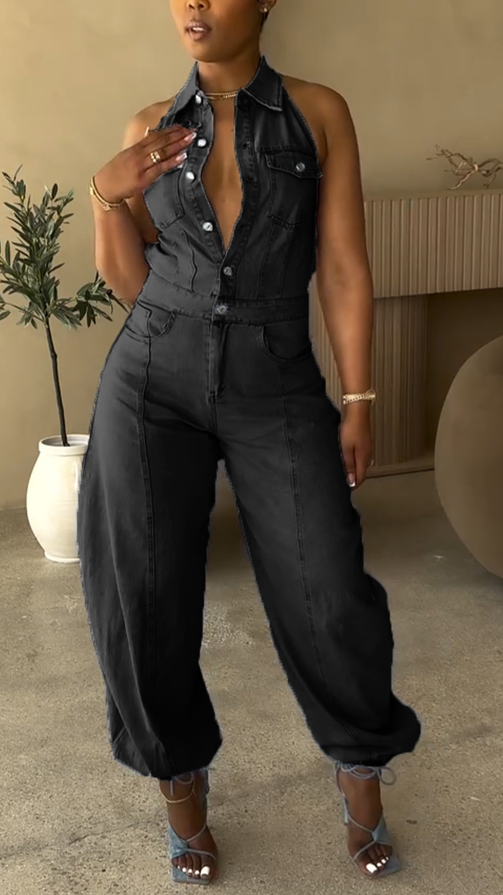 Ladies' Lapel Hollowed Out Casual Style Jumpsuit