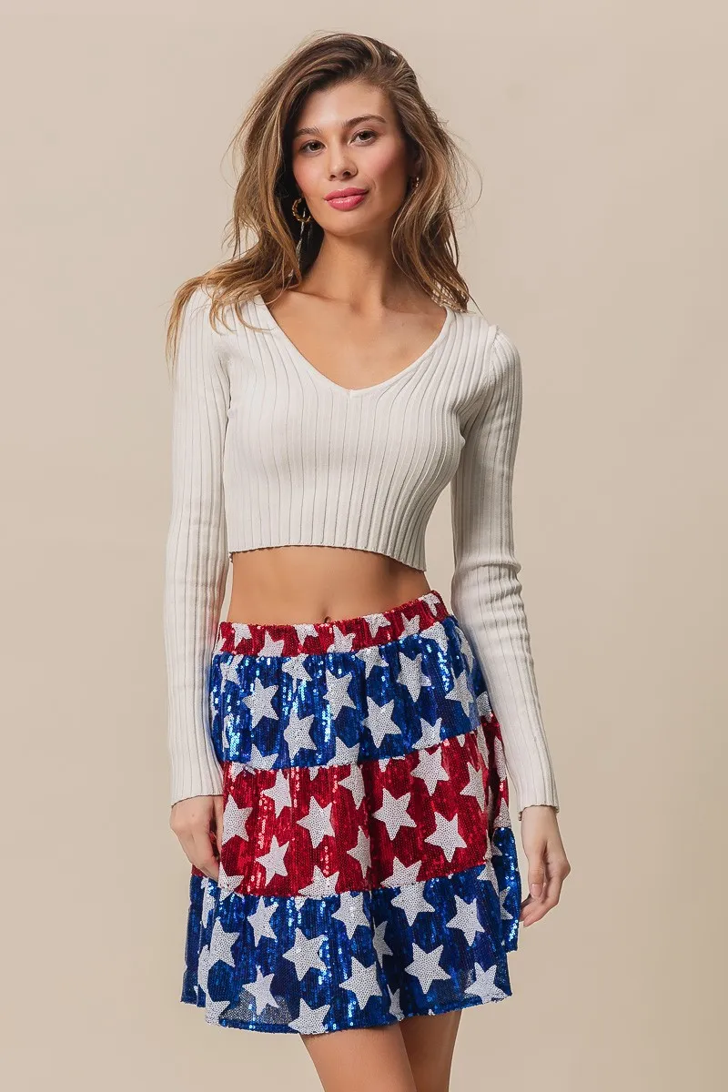 American Flag Theme Star Sequin Tiered Skirt