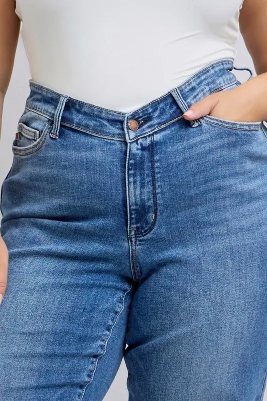 Blue Full Size High Waist V-Front Vintage Wash Straight Jeans Plus Size