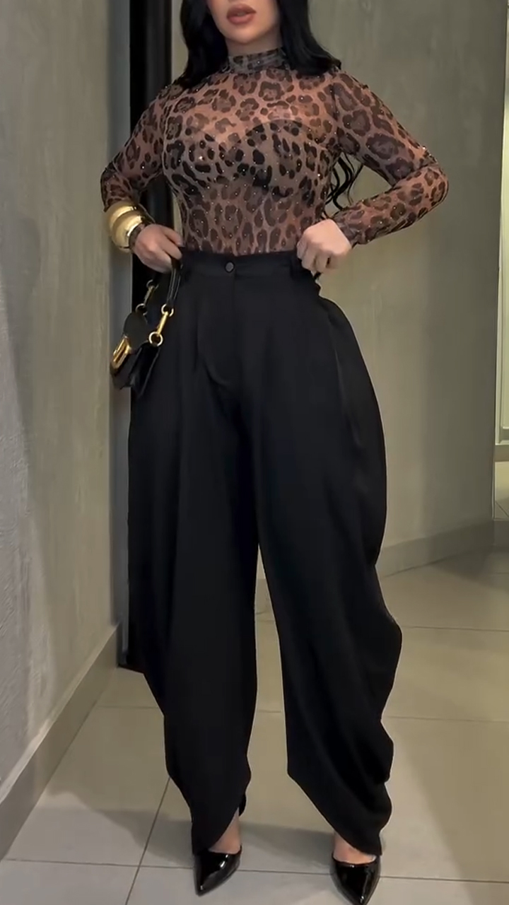 Women Round Neck Printed Top + Pants Temperament Casual Suit