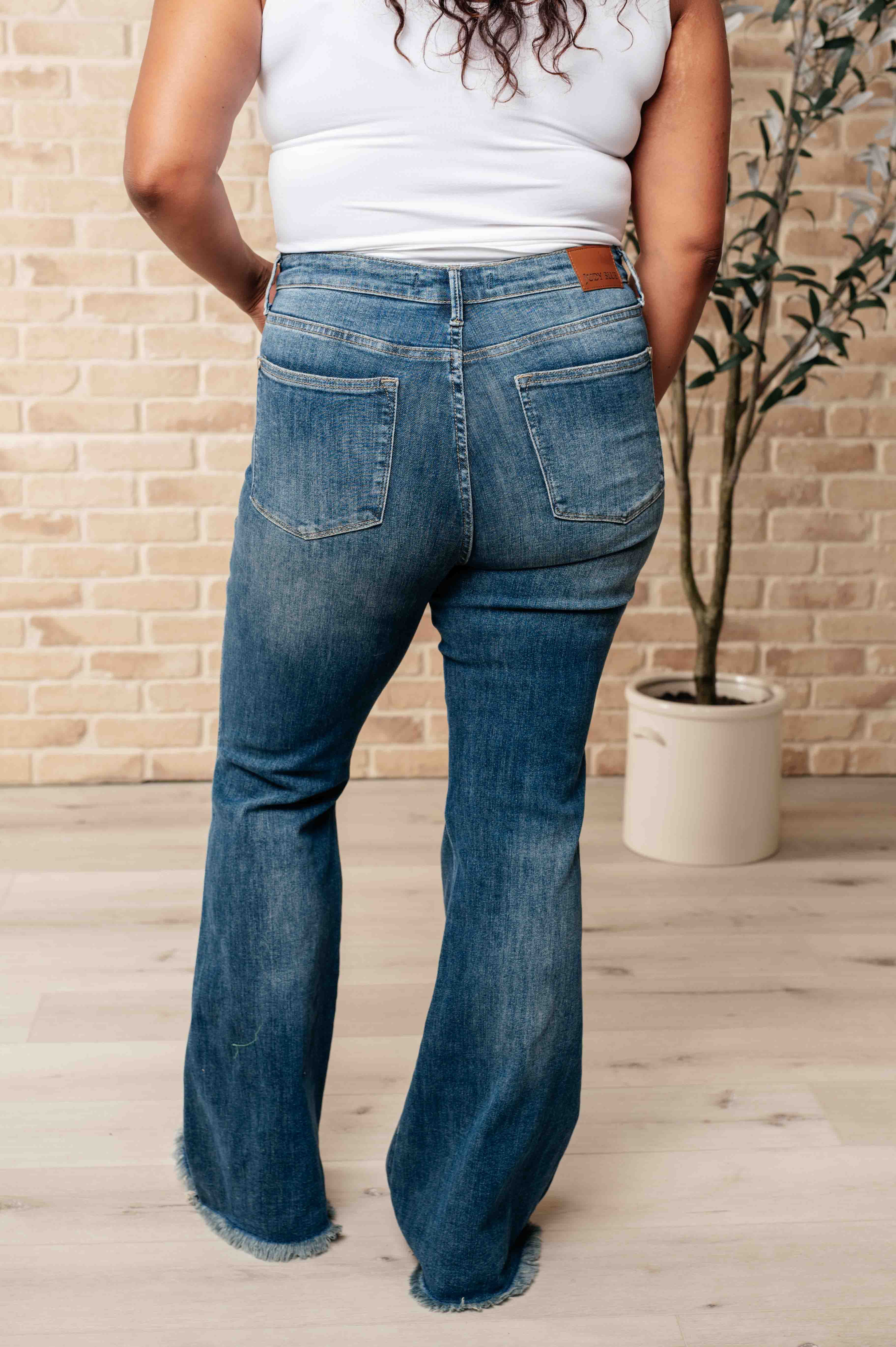 High Waist Control Top Frayed Hem Flare Jeans