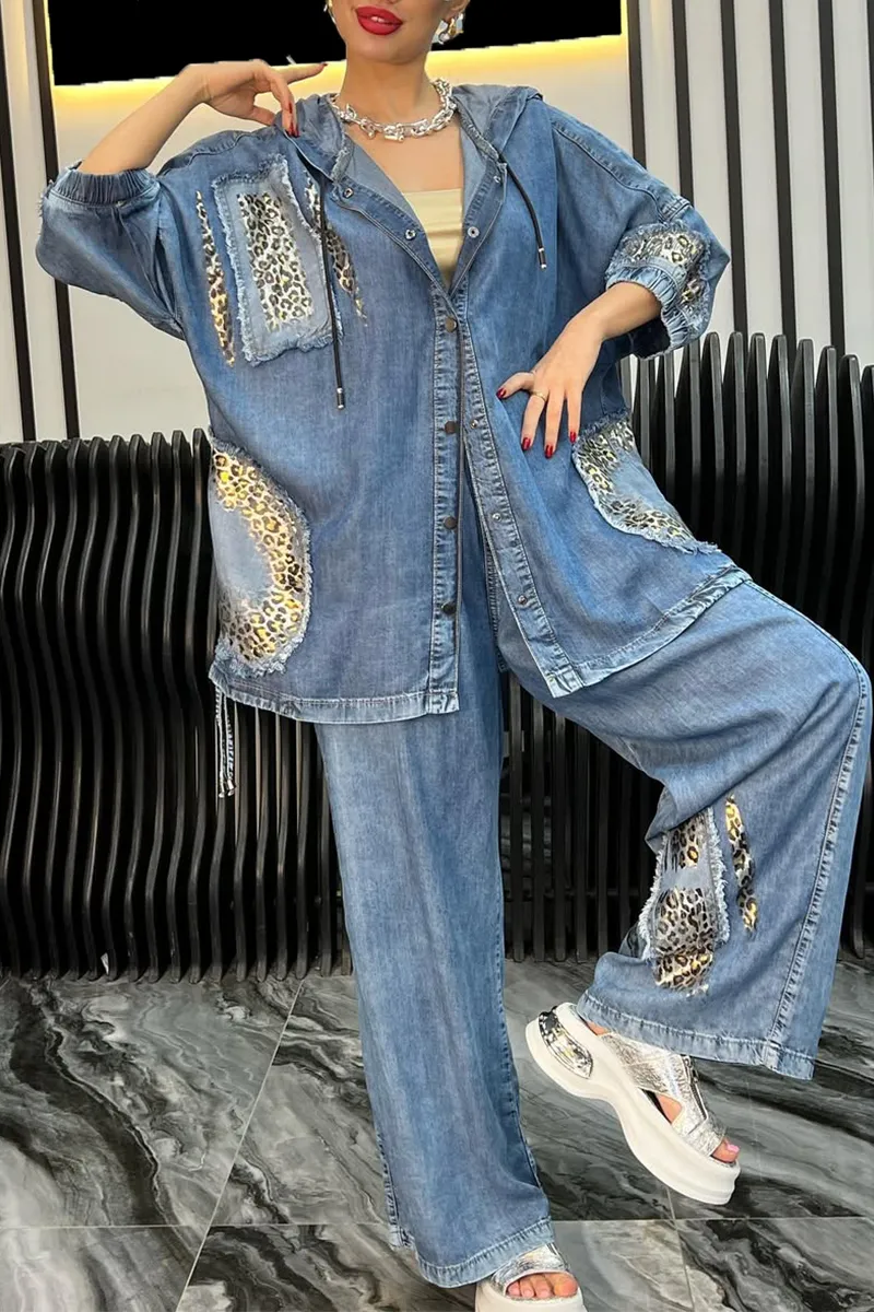 Women's Lapel Silver Leopard Print Splicing Tencel Denim Casual Suit