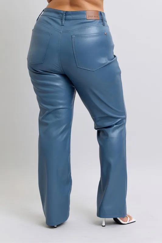 Blue Full Size High Waist Tummy Control Faux Leather Bootcut Pants Plus Size