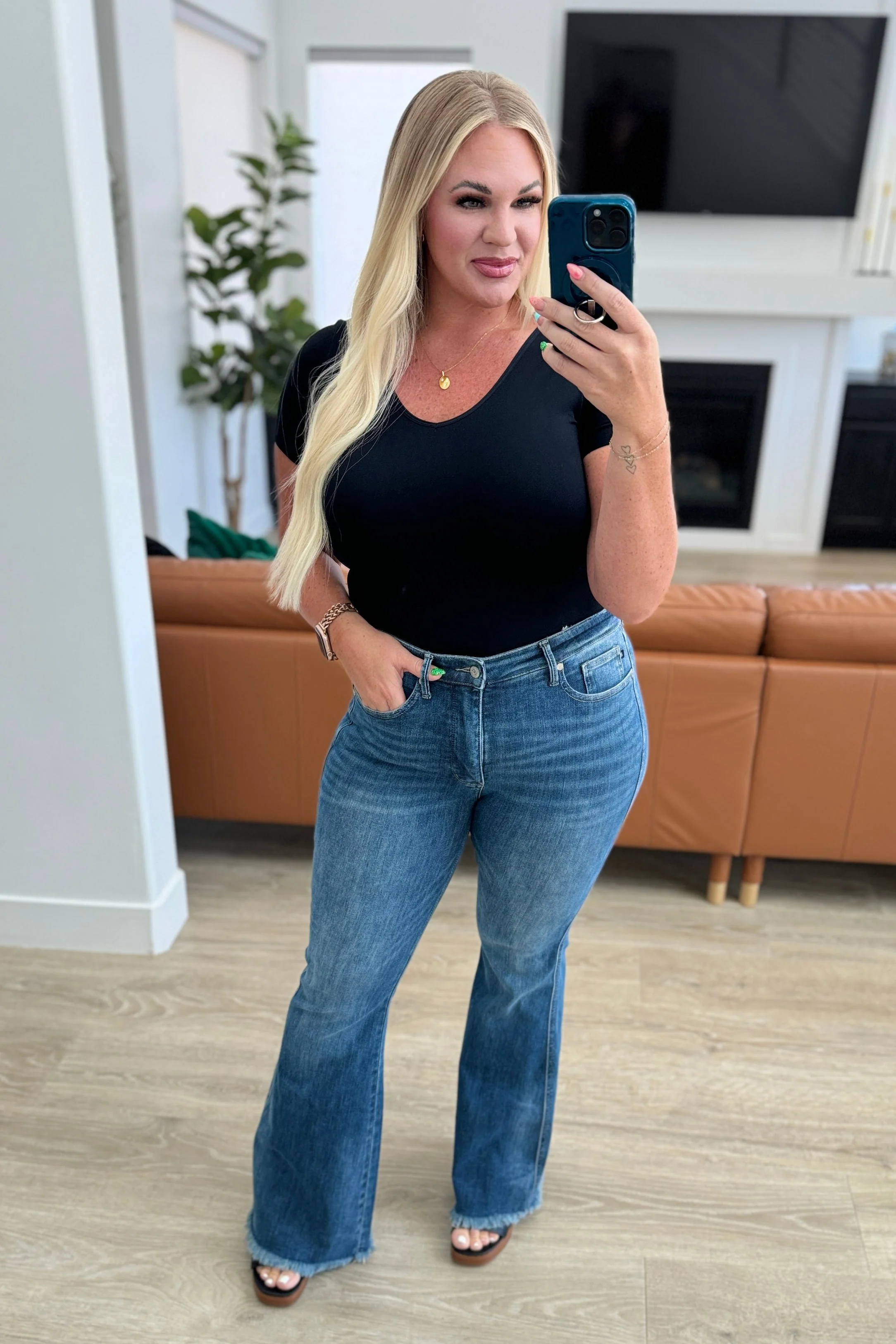 High Waist Control Top Frayed Hem Flare Jeans