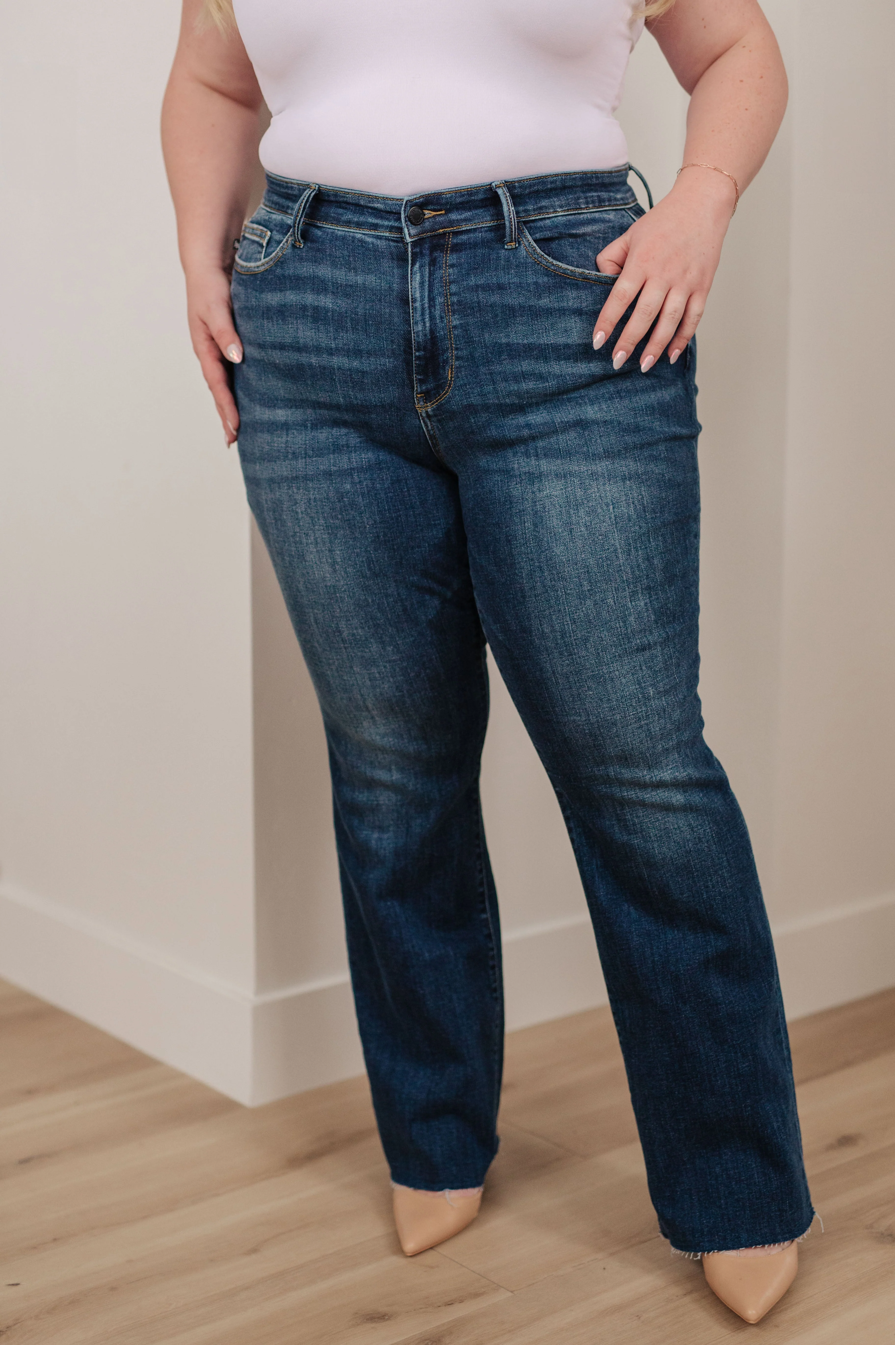 Blue Josephine Mid Rise Raw Hem Bootcut Jeans