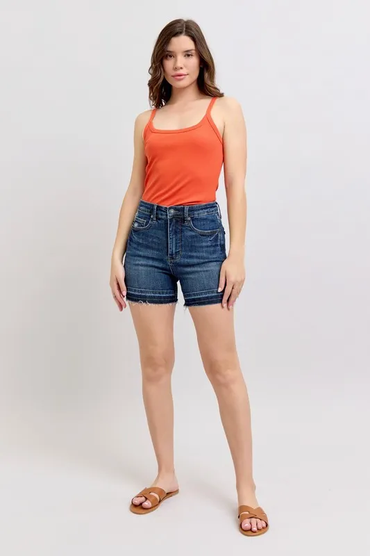 Blue High Waist Tummy Control Destroy Release Hem Denim Shorts