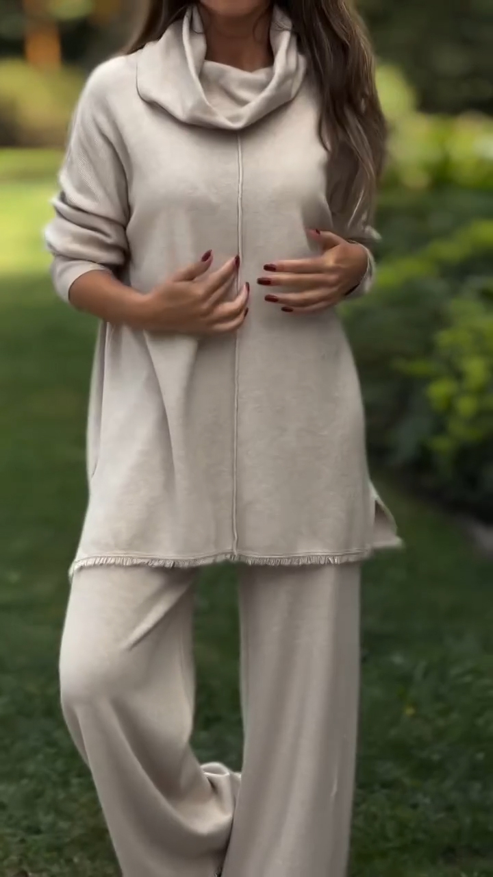 Women High Neck Top + Pants Solid Color Casual Suit