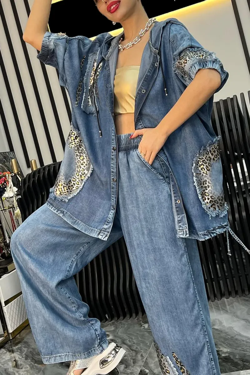 Women's Lapel Silver Leopard Print Splicing Tencel Denim Casual Suit