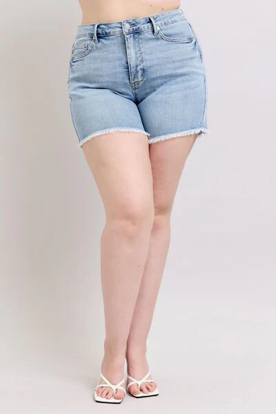 Blue Full Size Tummy Control Raw Hem Denim Shorts