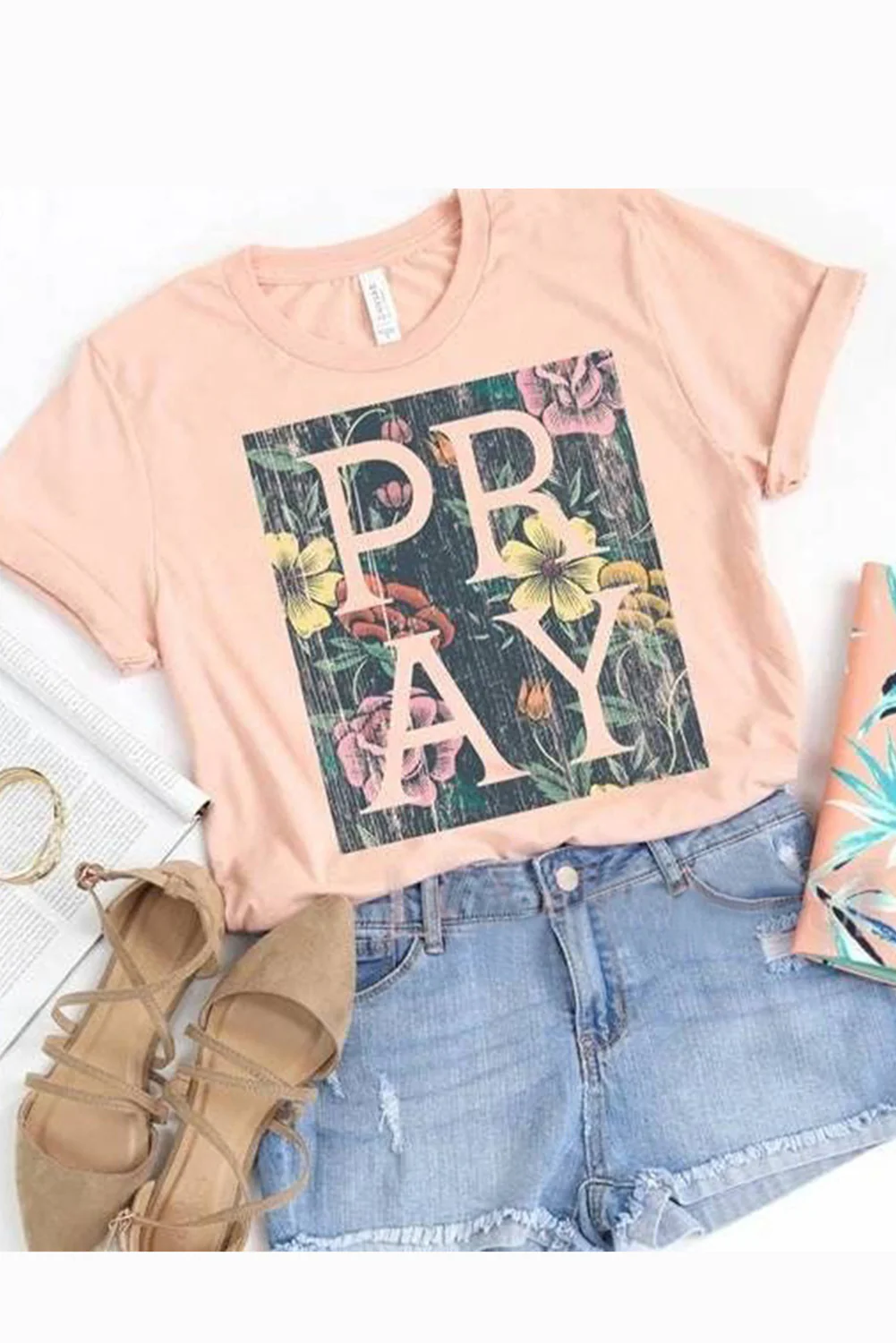 PRAY Floral Print Western Fashion T-shirt - Pink