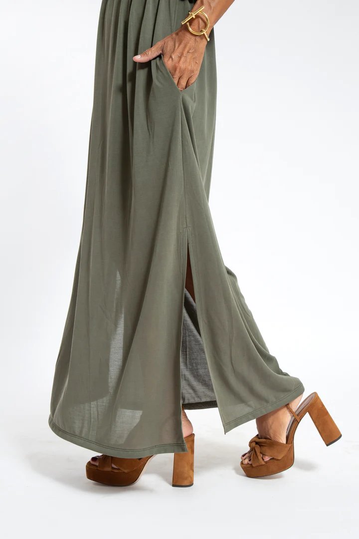 Women's Casual Solid Color V Neck Slit Dress