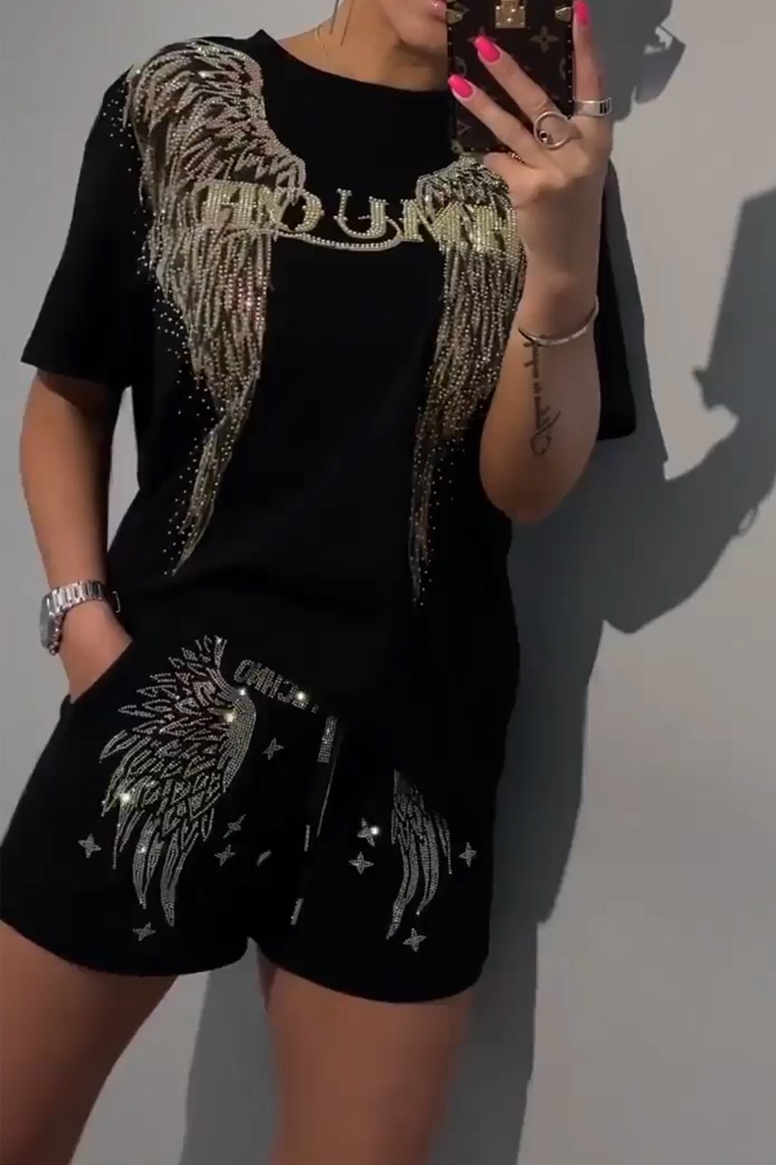 Women's Hot Diamond Pattern Top and Shorts Pants Two-piece Set