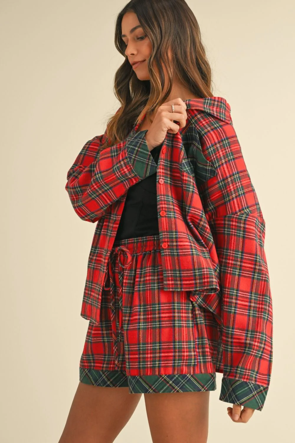 Wear Contrast Plaid Long Sleeve Top and Shorts Set