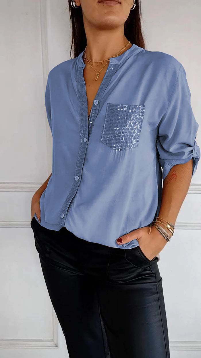 Women Cotton V-neck Sequin Mid-sleeve Casual Top