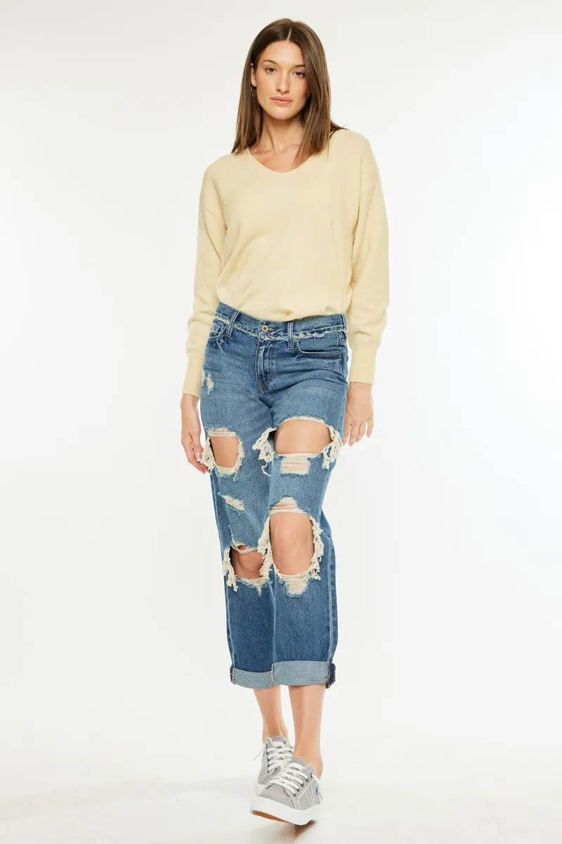 Distressed Mid Rise True Boyfriend Jeans