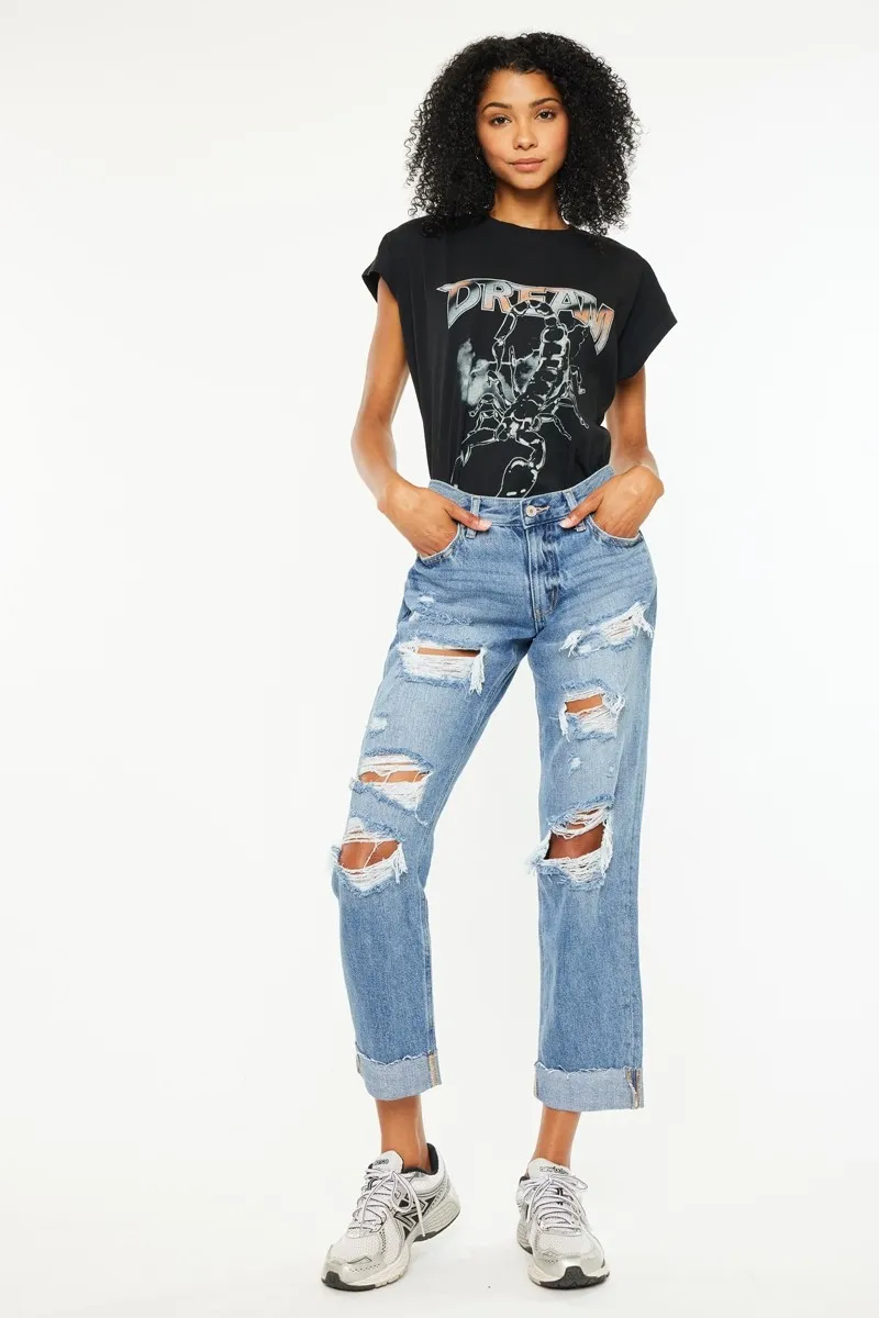 Mid Rise Distressed Boyfriend Fit Jeans