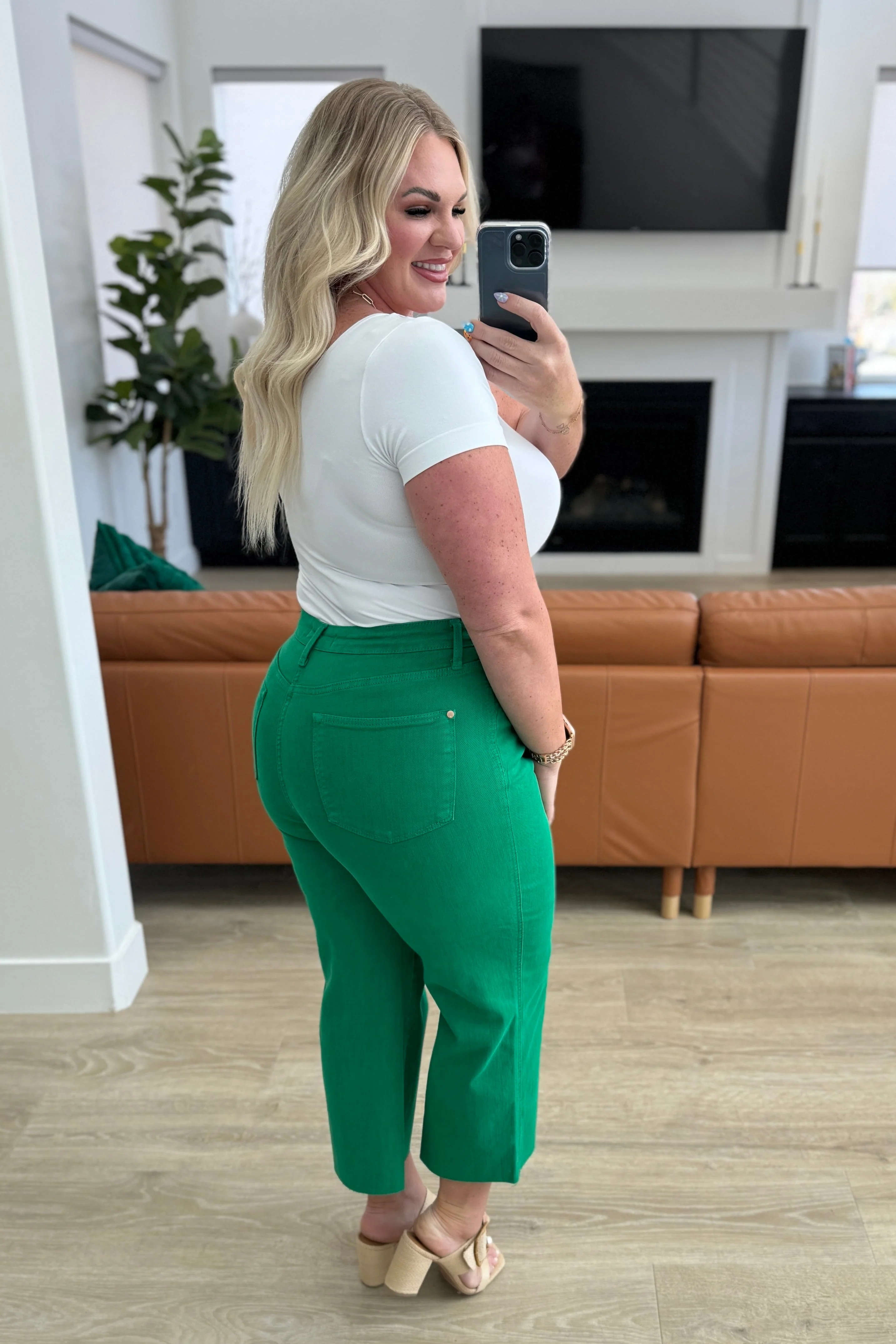High Rise Control Top Wide Leg Crop Jeans in Kelly Green