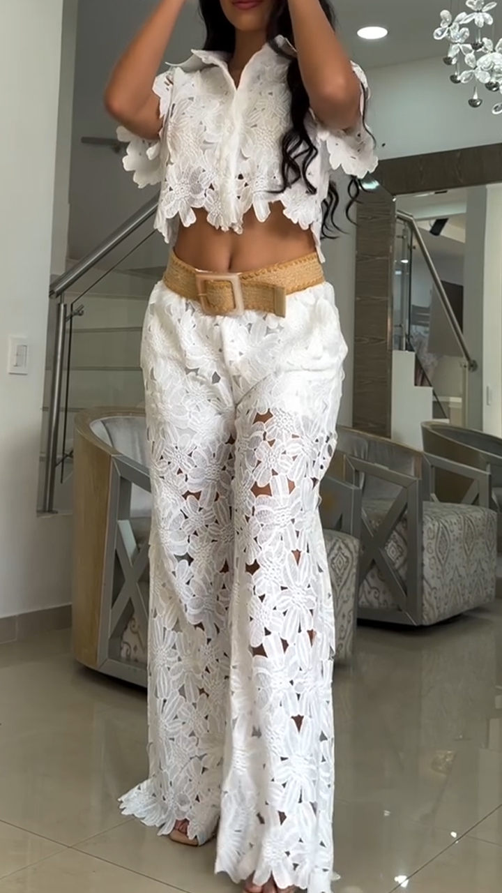 Women Lapel Print Hollow Irregular Top + Pants Casual Suit