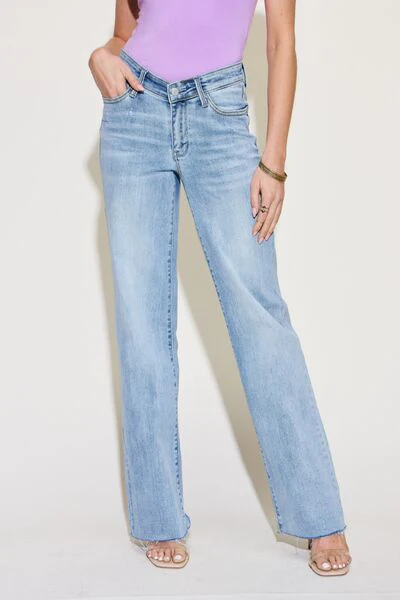 Blue Full Size V Front Waistband Straight Jeans