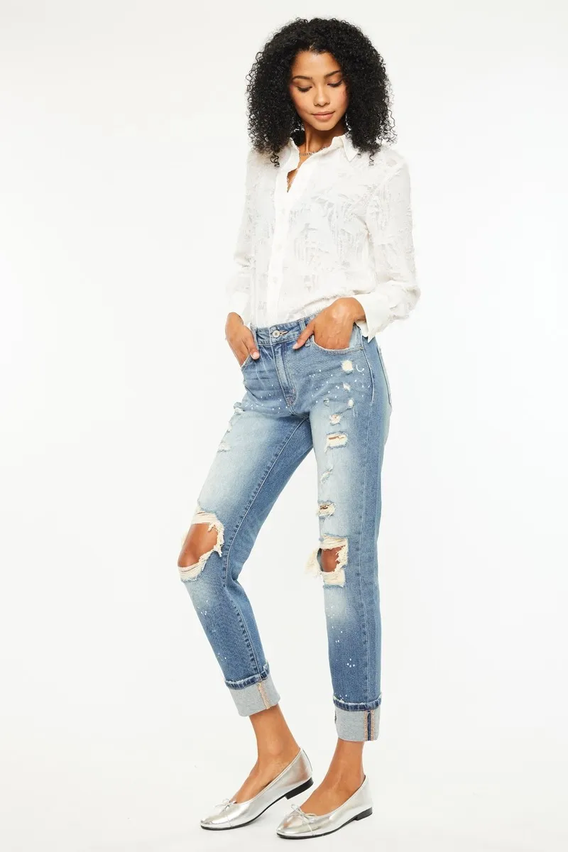 High Rise Distressed Boyfriend Fit Jeans