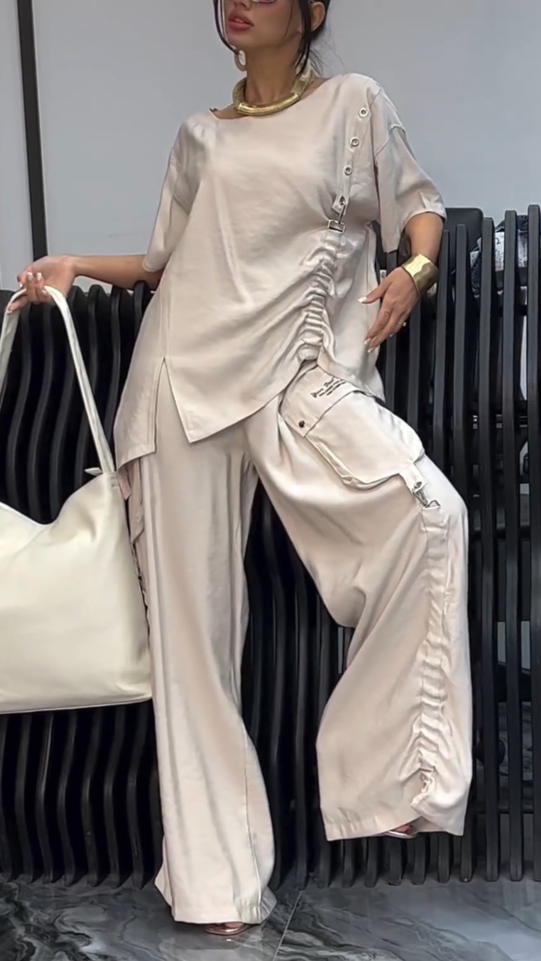 Ladies' Round Neck Side Pleated Top+ Pants Casual Set