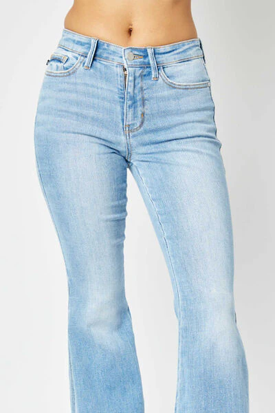 Blue Full Size Mid Rise Raw Hem Slit Flare Jeans