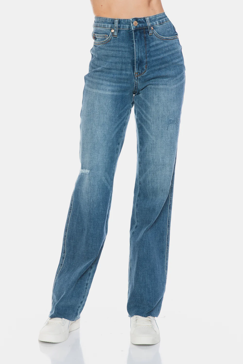 Blue Full Size Tummy Control Cut Raw Hem Straight Jeans