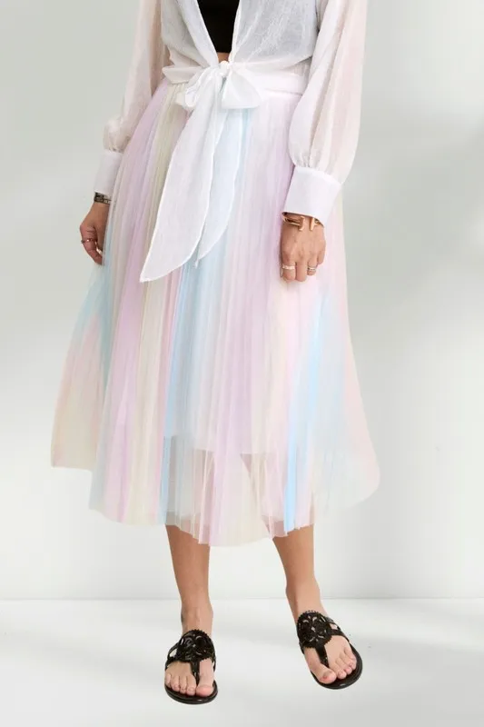 Unicorn Pleated Mesh Flare Midi Skirt