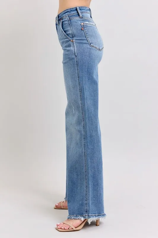 Blue Full Size Raw Hem Wide Leg Jeans Plus Size