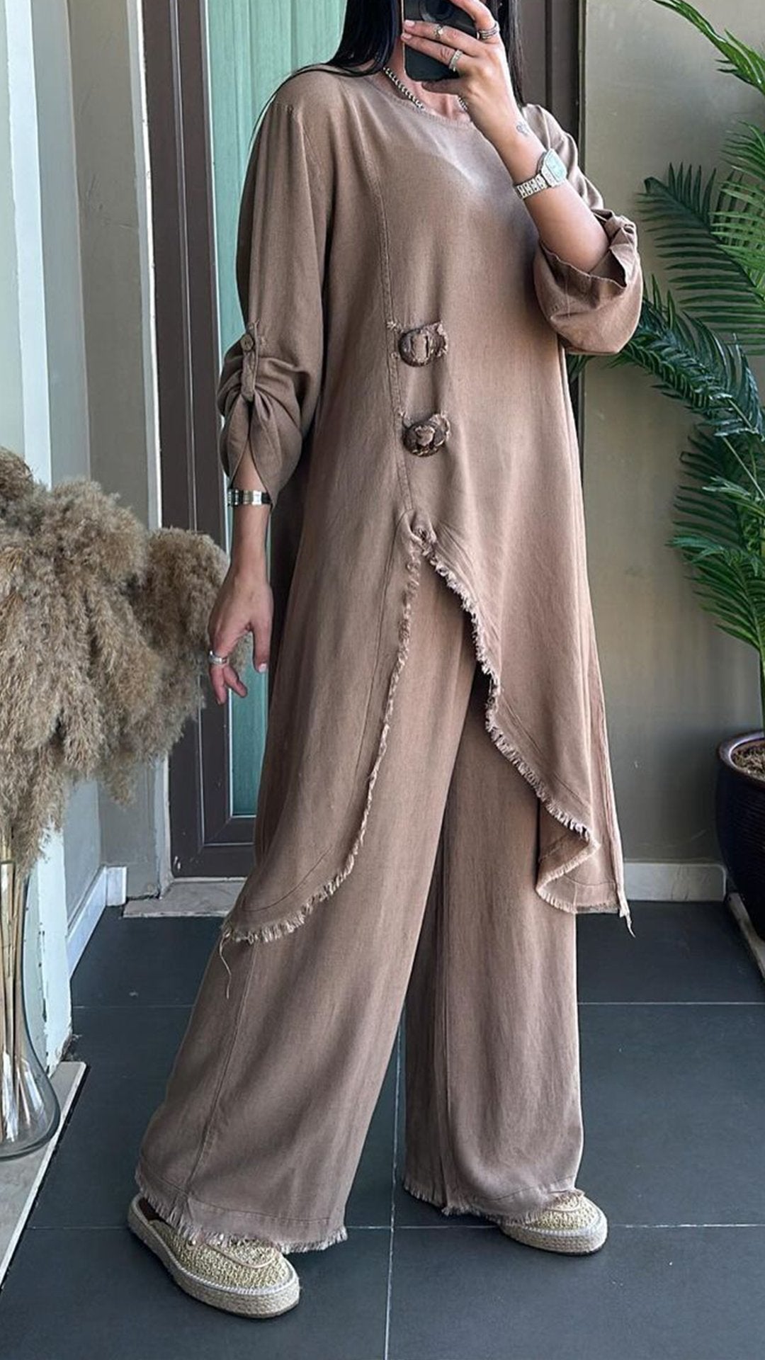 Women's Round Neck Irregular Hem Set Long Cotton and Linen Suit
