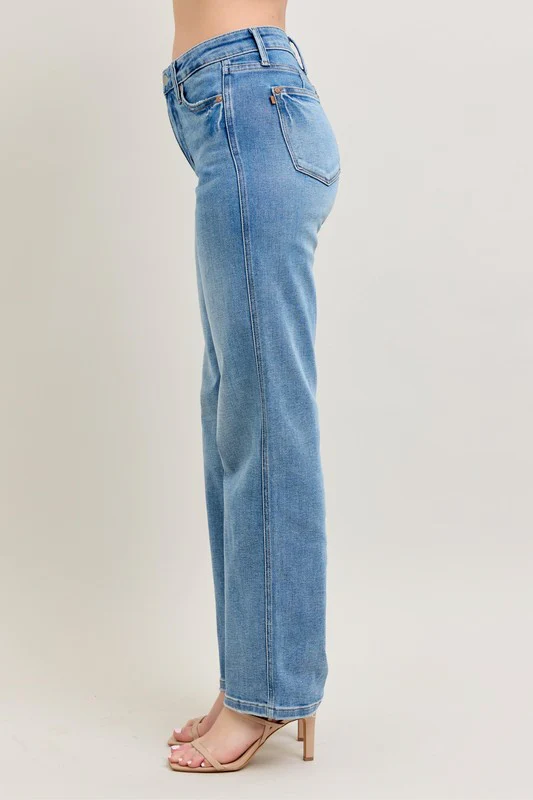 Blue Full Size Tummy Control Vintage Wash Straight Jeans Plus Size