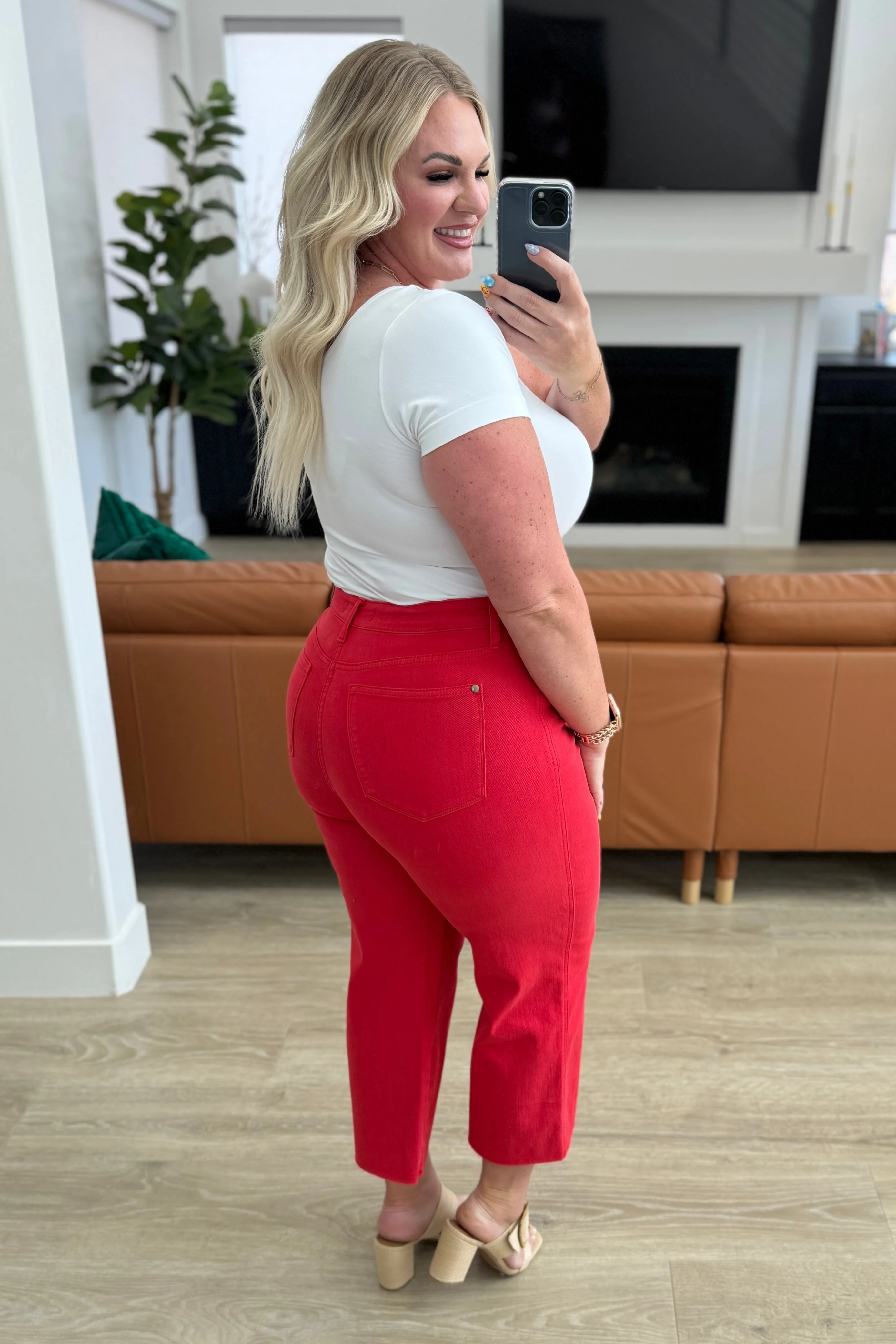 High Rise Control Top Wide Leg Crop Jeans in Red
