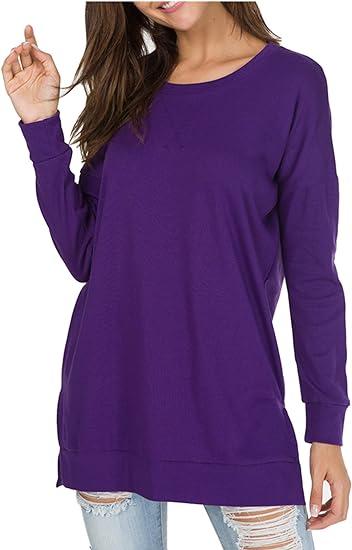 Women Long Sleeve Cotton Top Round Neck Casual Solid Color Top