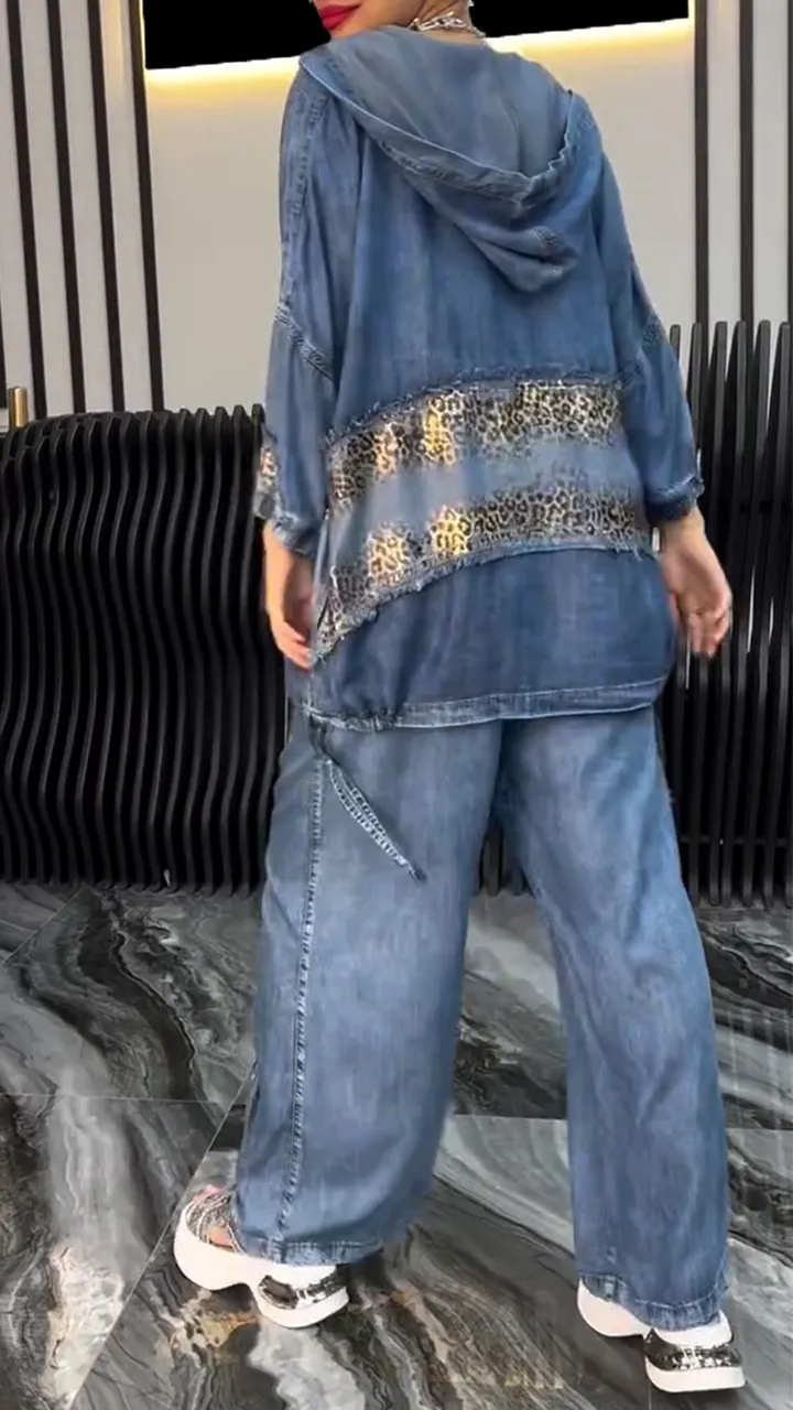 Women's Lapel Silver Leopard Print Splicing Tencel Denim Casual Suit