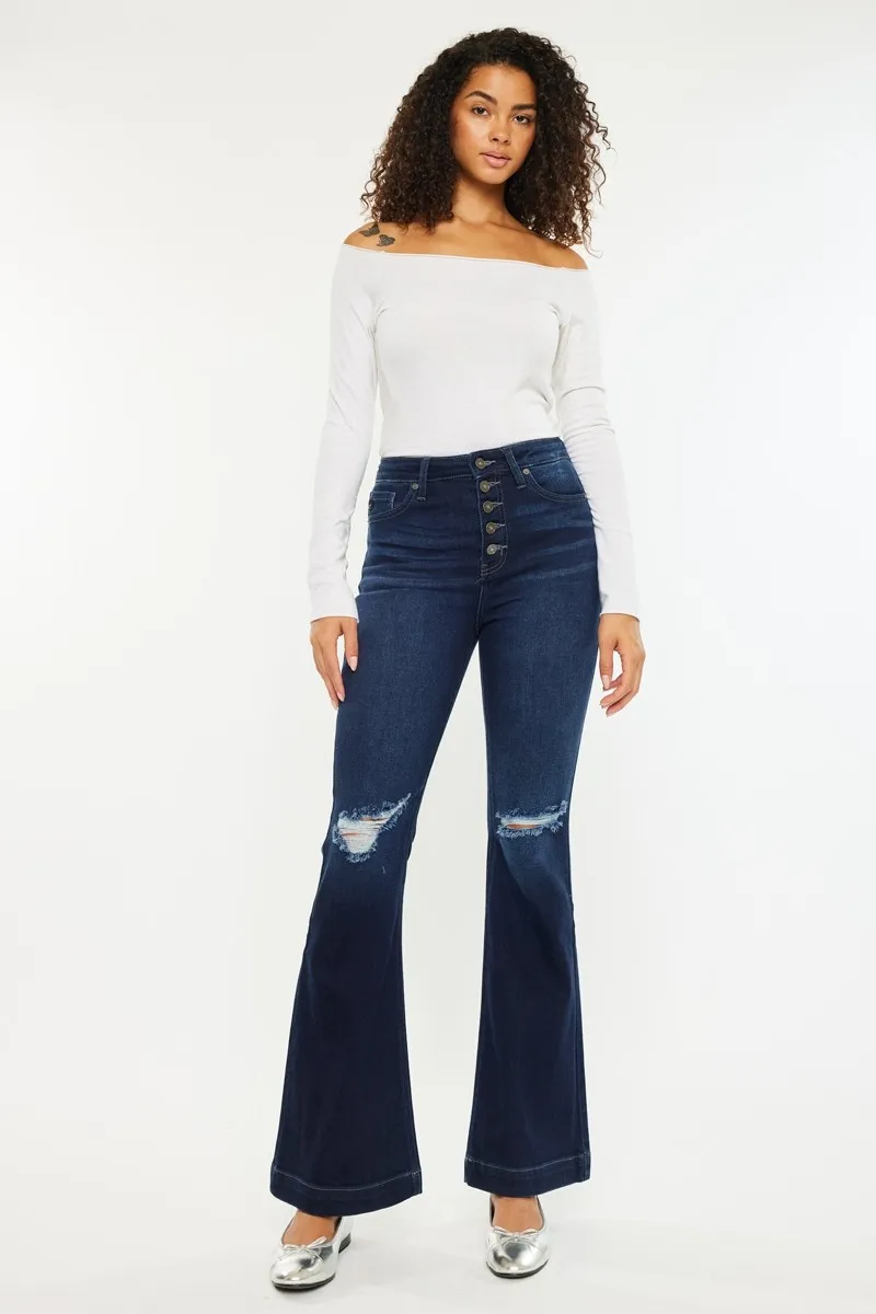 Button Fly High Rise Distressed Flare Jeans
