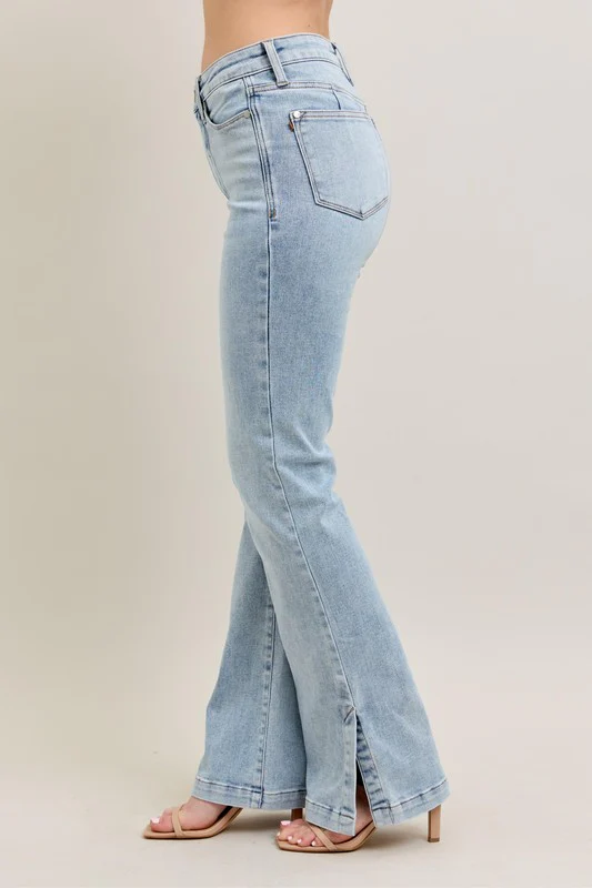 Blue Full Size Tummy Control Vintage Wash Side Slit Slim Boot Jeans Plus Size
