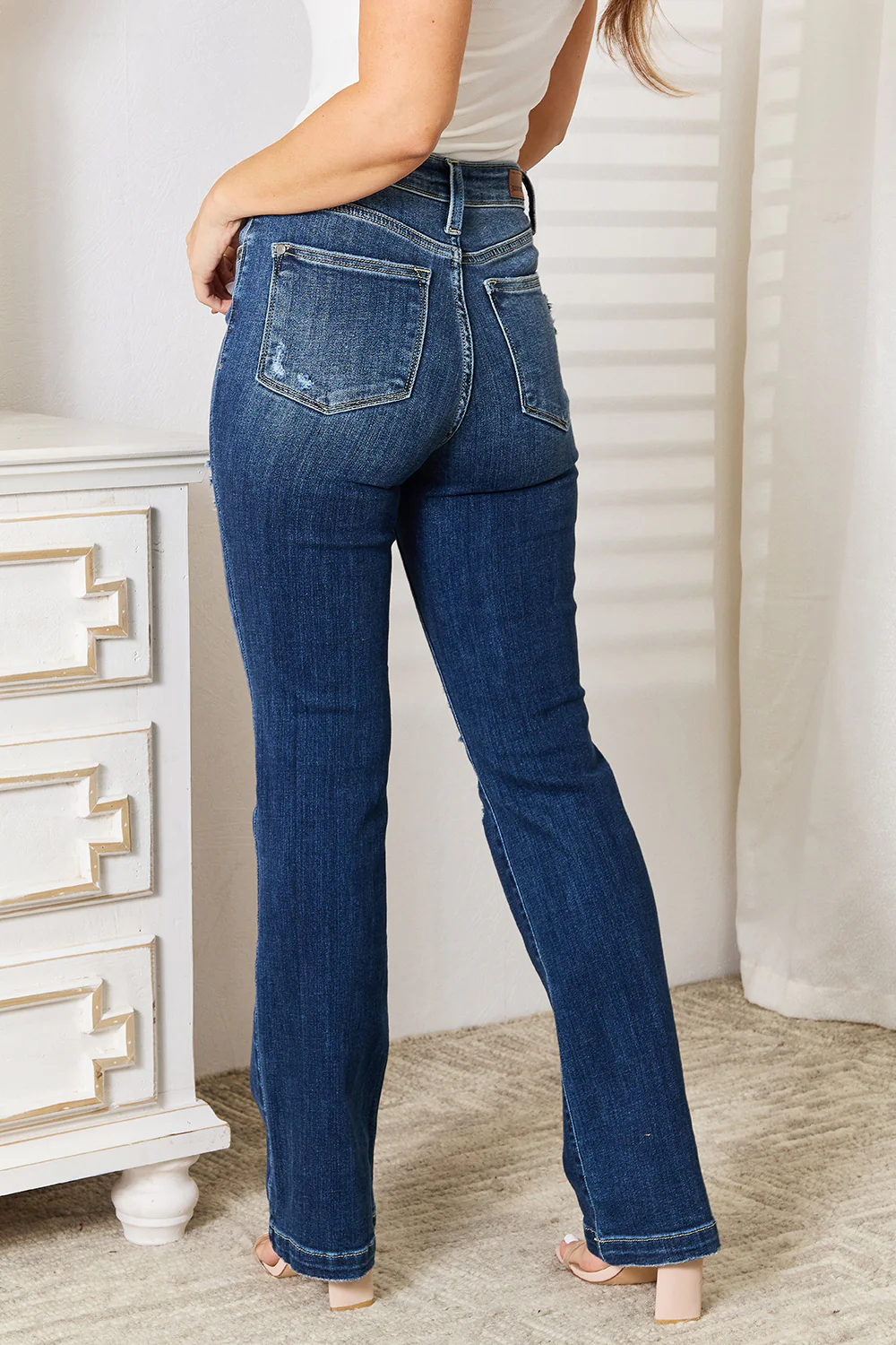 Blue Full Size Mid Rise Hand Sand & Destroy Bootcut Jeans