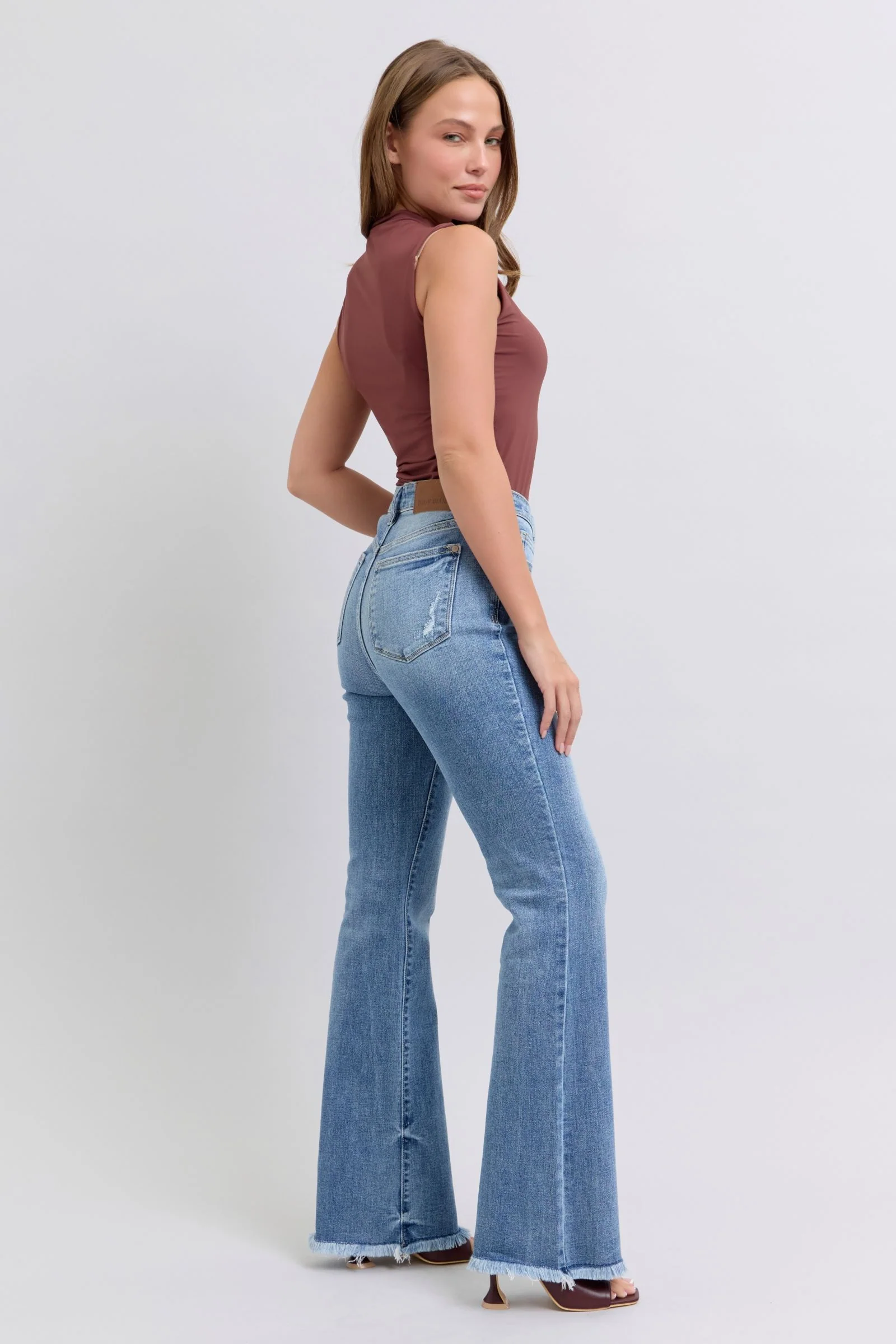Blue Full Size Raw Hem High Rise Bootcut Jeans