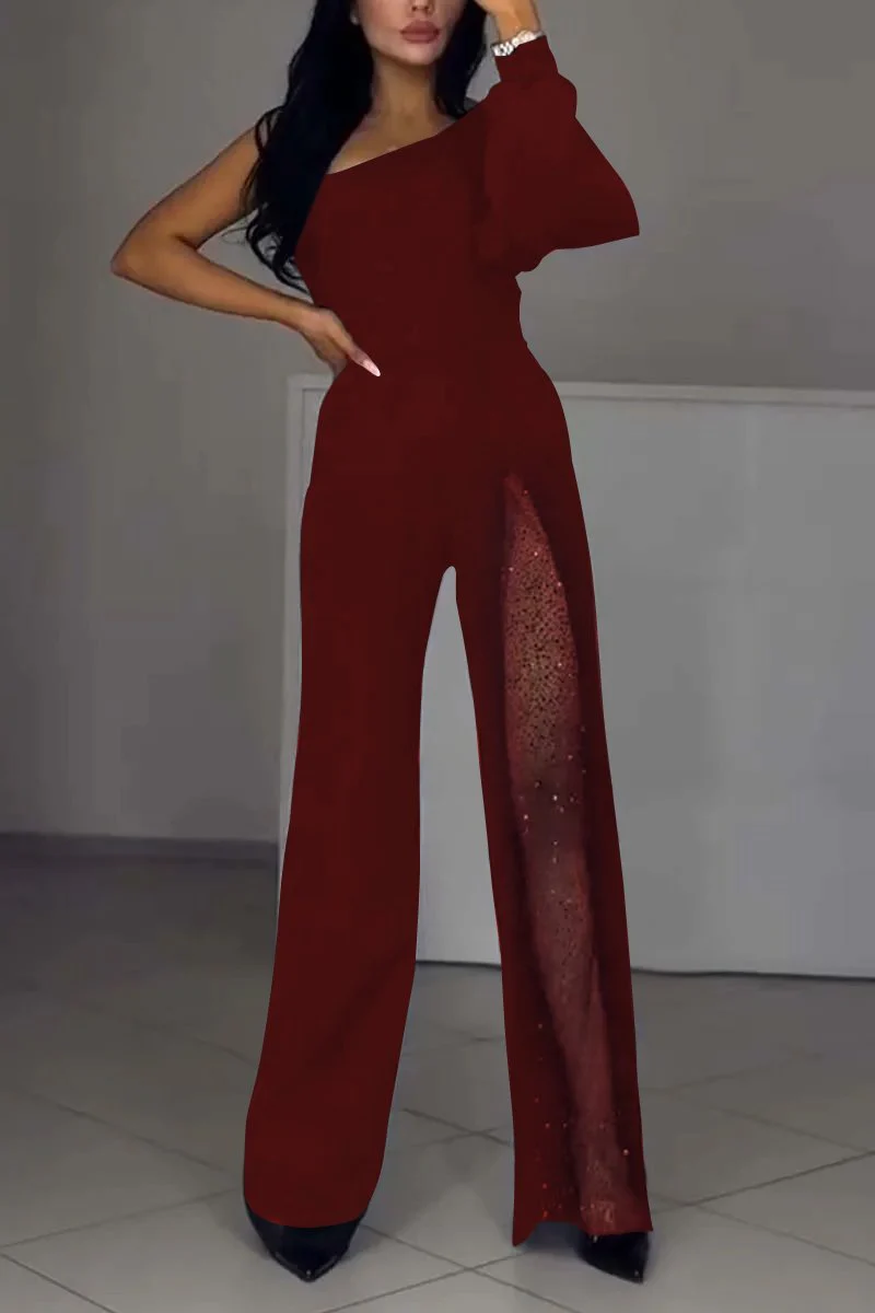 Women's fashionable and sexy sloping shoulder high slit jumpsuit