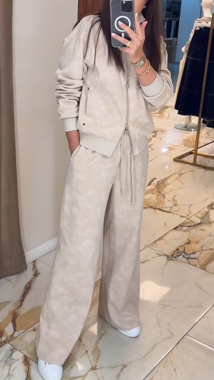 Women Lapel Zipper Top + Drawstring Pants Casual Set