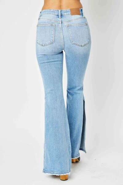 Blue Full Size Mid Rise Raw Hem Slit Flare Jeans