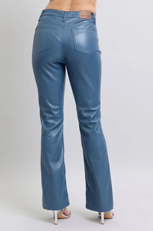Blue Full Size High Waist Tummy Control Faux Leather Bootcut Pants Plus Size
