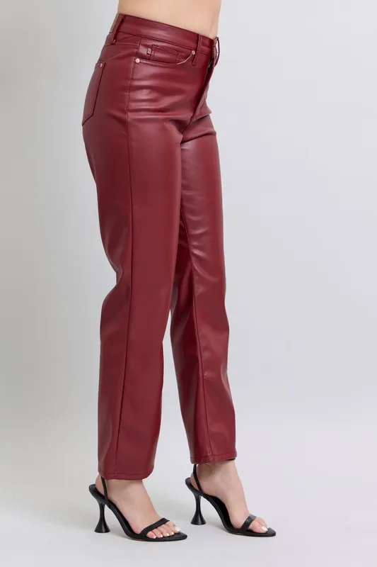 Blue Full Size High Waist Tummy Control Faux Leather Straight Pants Plus Size