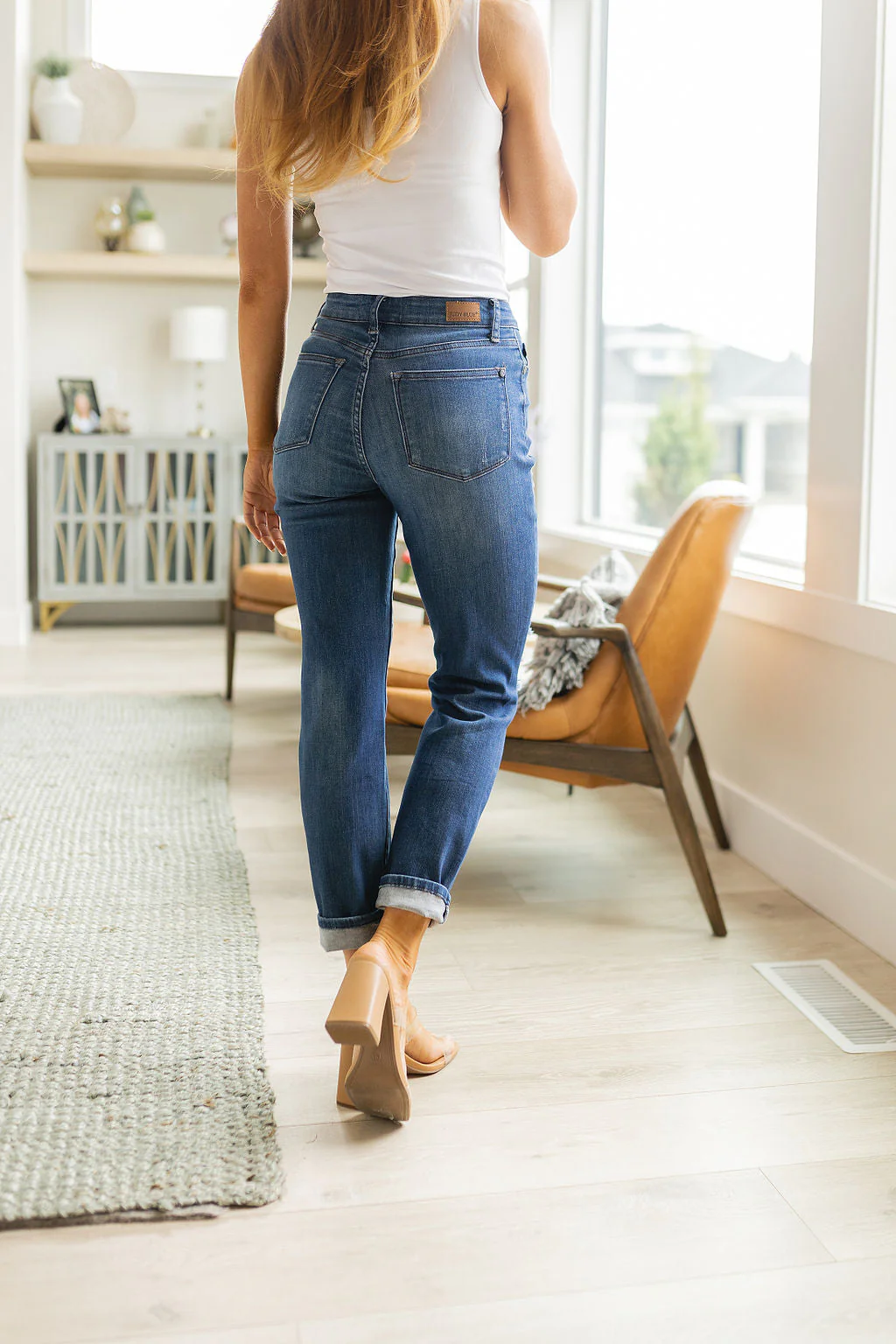 High Rise Button Fly Distressed Boyfriend Jeans