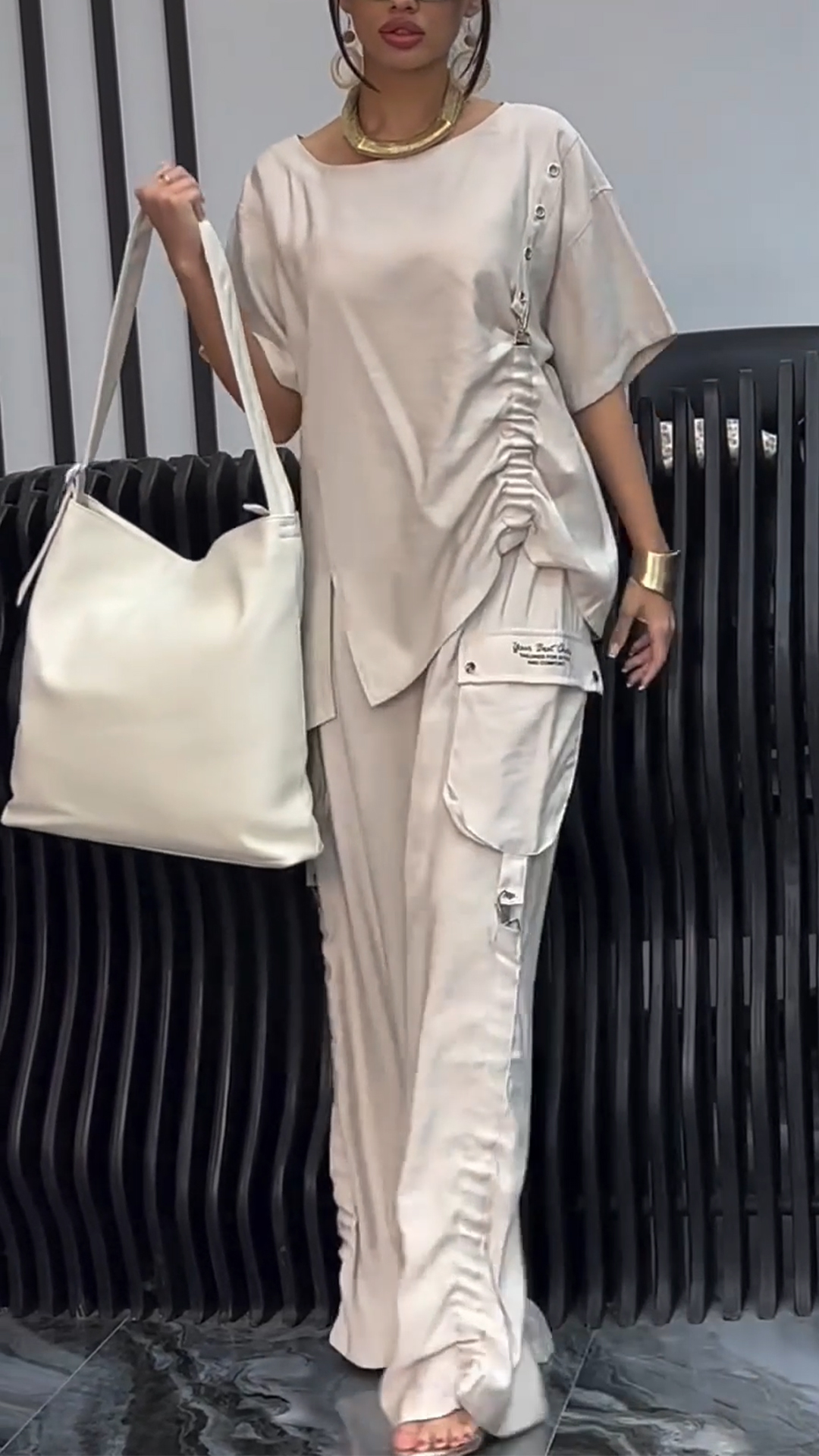 Ladies' Round Neck Side Pleated Top+ Pants Casual Set