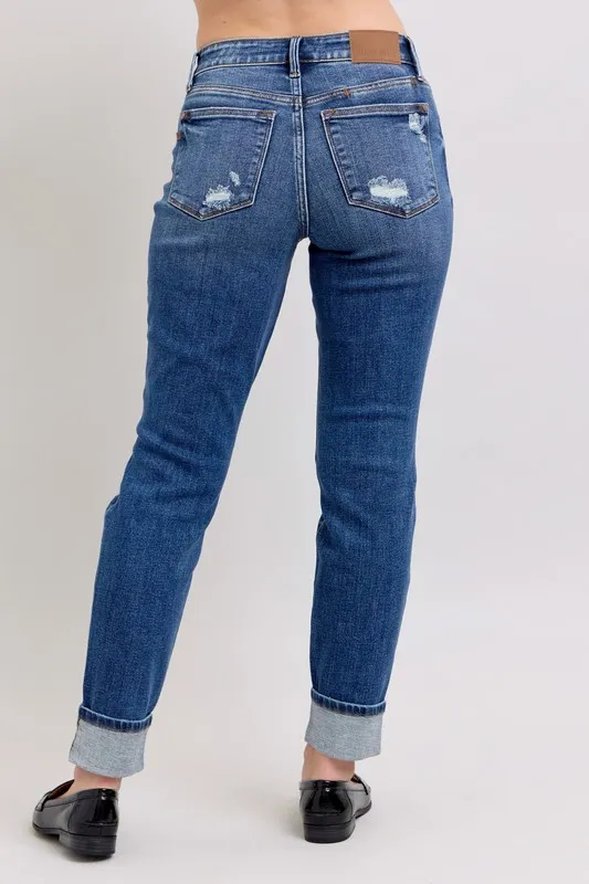 Blue Full Size Midi Rise Boyfriend destroy Jeans with Yoke Pockets and Faux Selvedge Cuff Plus Size