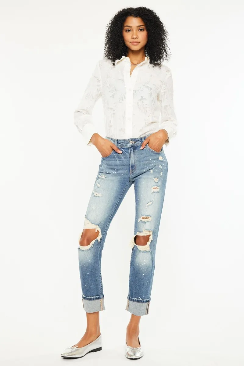 High Rise Distressed Boyfriend Fit Jeans